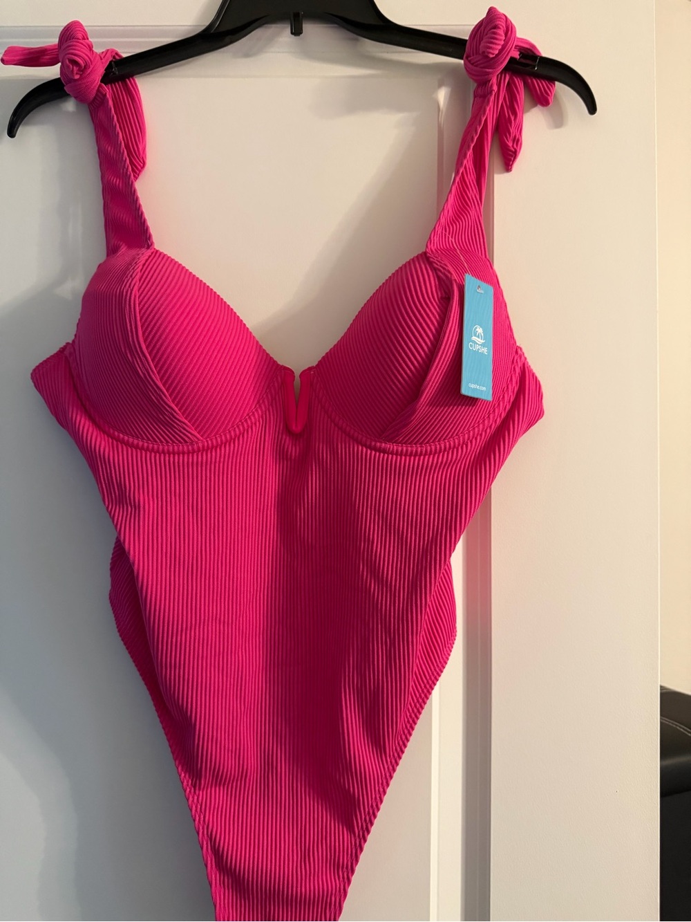 Cupshe Hot Pink Ribbed One-Piece Swimsuit with Tie Shoulder Straps